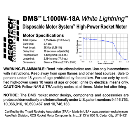 AeroTech L1000W-18A 54mm x 635mm Single Use DMS 1-Motor Kit - 121018