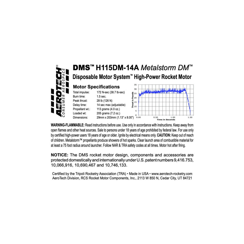 AeroTech H115DM-14A 29mm x 203mm Single Use DMS 1-Motor Kit - 081114