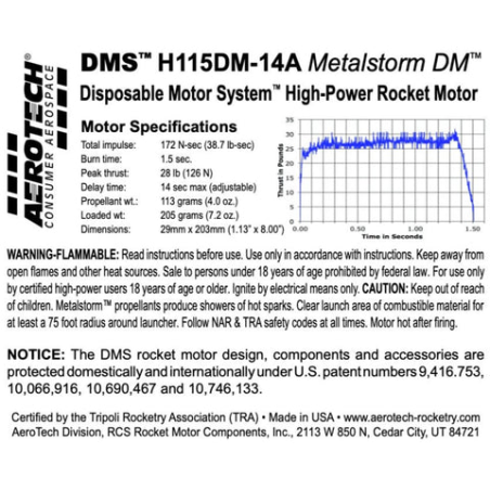 AeroTech H115DM-14A 29mm x 203mm Single Use DMS 1-Motor Kit - 081114