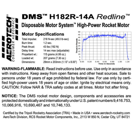AeroTech H182R-14A 29mm x 203mm Single Use DMS 1-Motor Kit - 081814