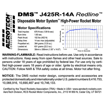 AeroTech J425R-14A 38mm x 356mm Single Use DMS 1-Motor Kit - 104214