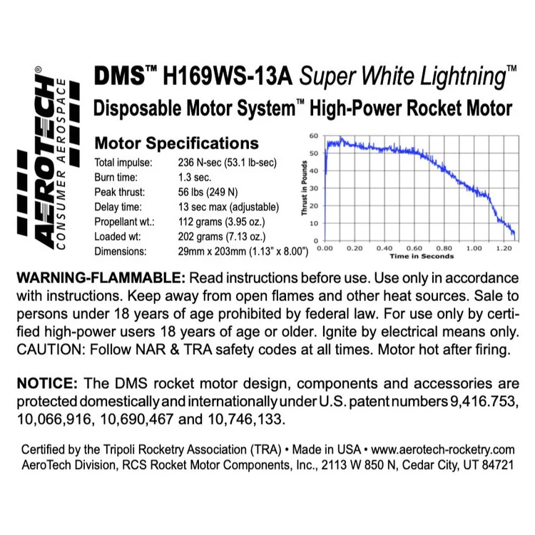 AeroTech H169WS-13A 29mm x 203mm Single Use DMS 1-Motor Kit - 08161